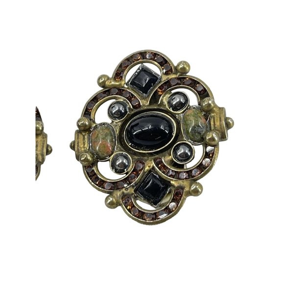 Vintage Signed Sorrelli Unakite Amber Rhinestone Gold Tone Clip On Earrings - Picture 4 of 7